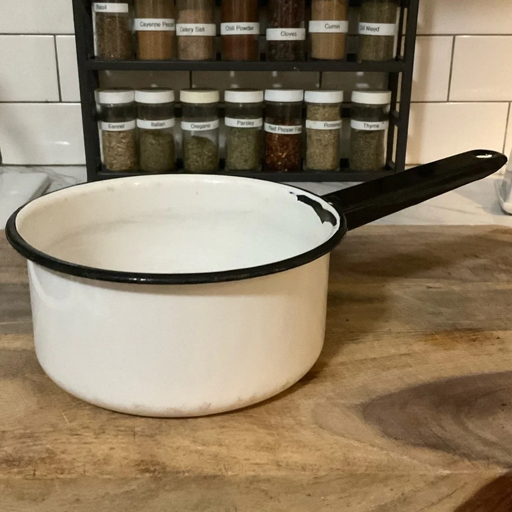 Vintage Black & White 1 Quart Enamelware Sauce Pan